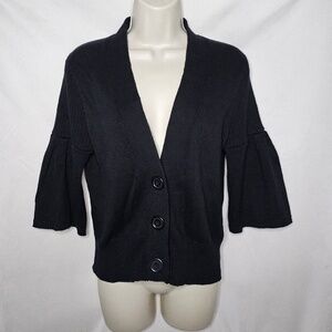 Womens Evie Black 3 Button Cardigan Sweater 3/4 Bell Flare Sleeve Cotton Size M